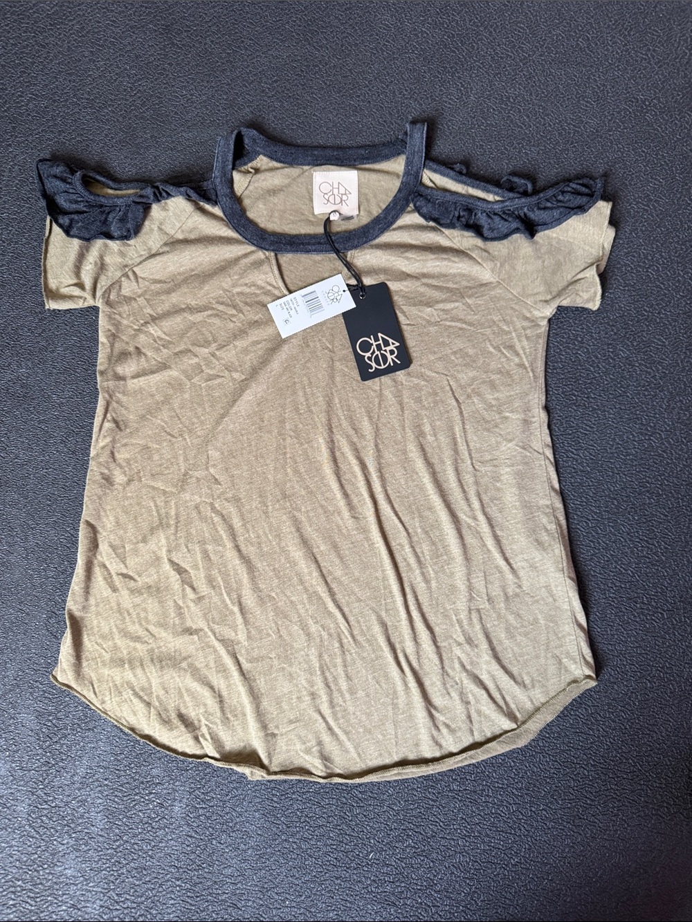 Chaser Olive Cold-Shoulder Short Sleeve Top with Charcoal Trim Size Large NWT